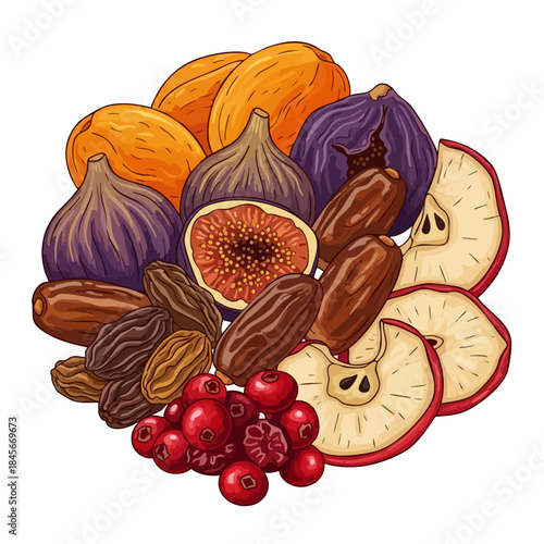Vivid dried fruits mix illustration with figs, apricots, dates, raisins, cranberries, apple slices. Healthy dried fruits mix provides natural sweetness, great for balanced diet.