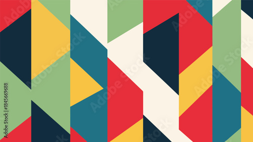 Dynamic geometric vector wallpaper with diagonal shapes and rhythmic repetition, modern flat design style, bold solid colors, clean abstract background