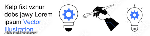 Innovation, creative thinking, technology design, brainstorming, problem-solving, DIY concepts. Light bulb with gear, hand holding a brush. Creative thinking and technology design ideas