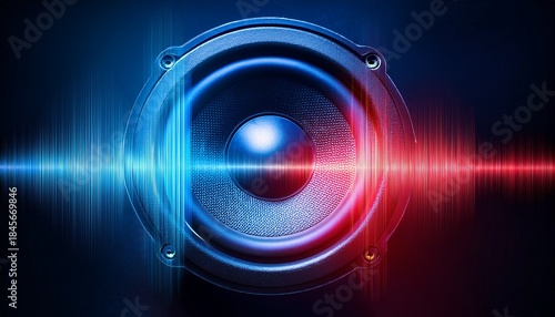 blue and red speaker pulsates with light soundwaves on a dark background, Generated with AI.