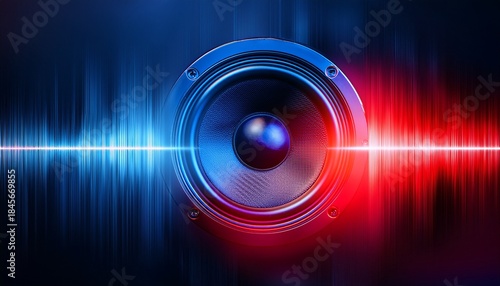 blue and red speaker pulsates with light soundwaves on a dark background, Generated with AI.