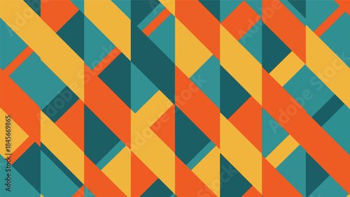 Dynamic geometric vector wallpaper with diagonal shapes and rhythmic repetition, modern flat design style, bold solid colors, clean abstract background