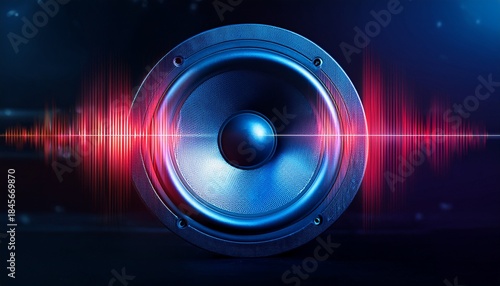 blue and red speaker pulsates with light soundwaves on a dark background, Generated with AI.