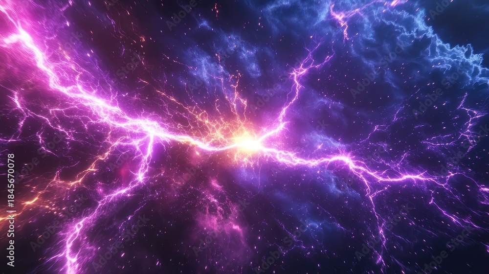 Obraz premium Abstract cosmic background showing a powerful central energy burst creating bright magenta and blue lightning, symbolizing concepts of power, universe, and technology