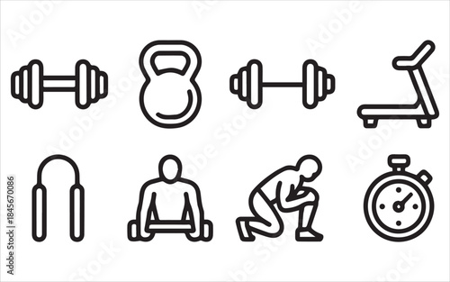 
Gym and Fitness Line Icon Set Featuring Dumbbells, Kettlebell, Barbell, Treadmill, Jump Rope, Lifting, Stretching, and Stopwatch
