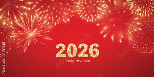 Fireworks with gold 2026 digits on red background, glowing New Year typography, festive sparkles for Chinese New Year and Lunar New Year celebrations. Great for banners, posters, social media headers.