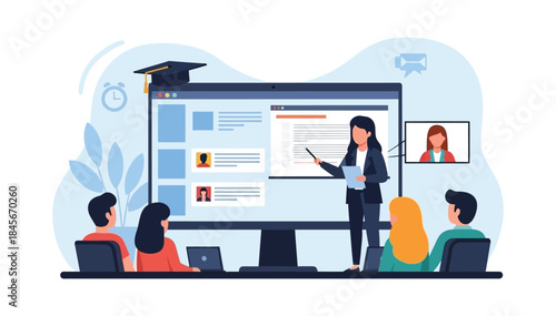 Virtual classroom interaction through online learning platform featuring instructor teaching diverse students digitally