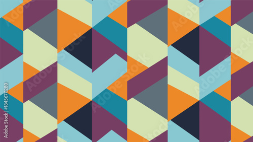 Dynamic geometric vector wallpaper with diagonal shapes and rhythmic repetition, modern flat design style, bold solid colors, clean abstract background