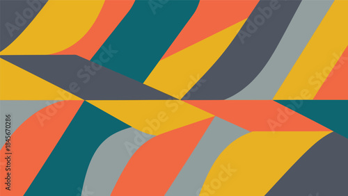 Dynamic geometric vector wallpaper with diagonal shapes and rhythmic repetition, modern flat design style, bold solid colors, clean abstract background