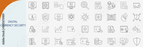 Digital currency security icon set, blockchain protection vector illustration