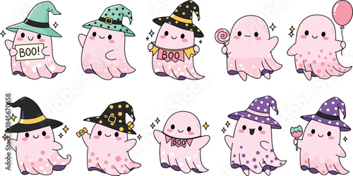 Adorable Pastel Pink Ghosts Vector Collection Wearing Witch Hats and Holding Balloons, Candy, and Boo Signs for Cute Halloween Decoration Designs