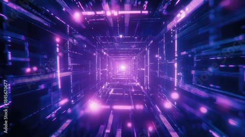 Fototapeta Naklejka Na Ścianę i Meble -  Abstract technological tunnel leading into a bright light, visualizing information travel, data transfer, fast network connection, and futuristic digital communication within a virtual space