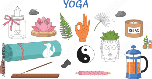 Mindfulness and Yoga Elements Vector Collection with Mat, Lotus Flower, Candle, Incense, Buddha Head, and Yin Yang Symbol for Wellness Design