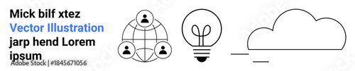 Technology communication, global networking, innovation, data sharing, cloud computing, information exchange. Outline icons of a network, light bulb and cloud. Communication and innovation