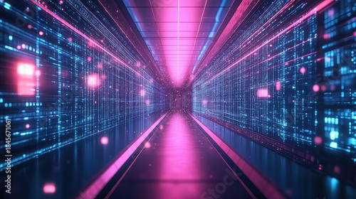 Fototapeta Naklejka Na Ścianę i Meble -  Futuristic digital tunnel of glowing data streams and neon lines, conveying high speed networks, cyberspace connectivity and virtual information flow in a 3d perspective corridor