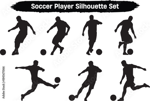 Soccer player silhouette set showcasing various poses of male athletes kicking and controlling ball on transparent background