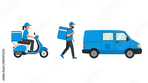 Delivery Service Vector Set Illustration Featuring Female Courier on Scooter, Delivery Man Walking with Backpack, and Blue Cargo Van for Food and Logistics Transportation