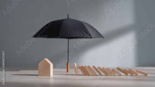 A black umbrella stands upright, preventing the cascade of domino pieces that are toppling over in front of a small wooden house model. The soft light adds focus to the scene