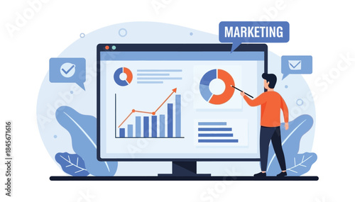 Professional illustrating marketing strategy with data visualization on a monitor