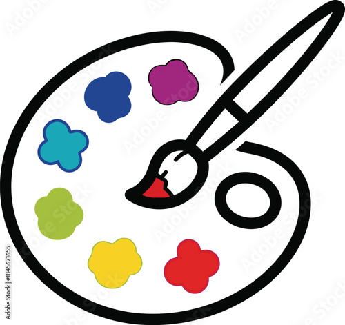 Solid outline of paint palette with brush crossing, creative arts line vector in multicolor solid pigment spots, artist studio graphic