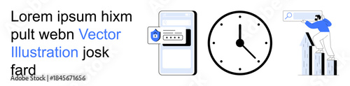 Online security, time efficiency, business progress, data security, digital growth, professional analysis. A smartphone with a security lock, clock and person analyzing trends. Online security