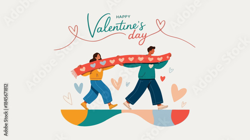 Happy valentine's day couple holding hearts, two people carrying love banner together in colorful flat design