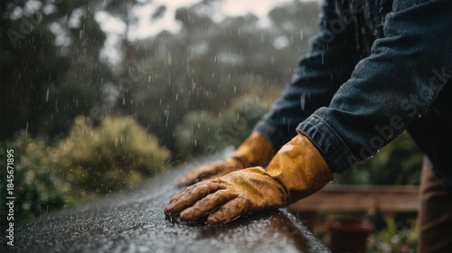 Roofer performs urgent repairs on leaking roof while it rains. Water runs over the surface as tools and gloves get wet. This is a typical emergency roofing situation