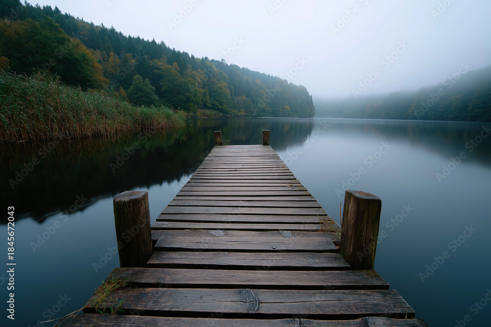 Fototapeta premium A peaceful wooden dock stretches into a calm lake surrounded by lush trees, enveloped in morning fog, creating a serene and tranquil atmosphere perfect for reflection.