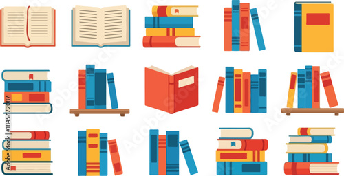 Collection of colorful book illustrations and icons