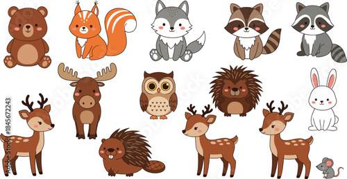Cute Hand-Drawn Forest Woodland Animals Vector Collection Featuring Bear, Squirrel, Wolf, Deer, Moose, and Owl for Kids' Designs