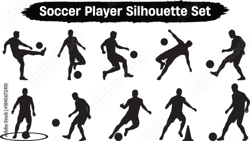 Soccer player silhouette set men kicking dribbling running and celebrating with ball on transparent background