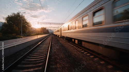 Modern train moves swiftly into the station as the sun sets. Warm light highlights the train and tracks, creating a vibrant scene at golden hour
