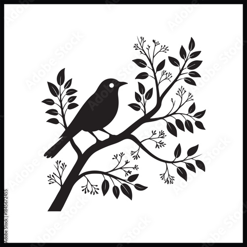 A cute cartoon vector illustration of a bird perched on a floral spring tree branch with green leaves and artful nature design elements