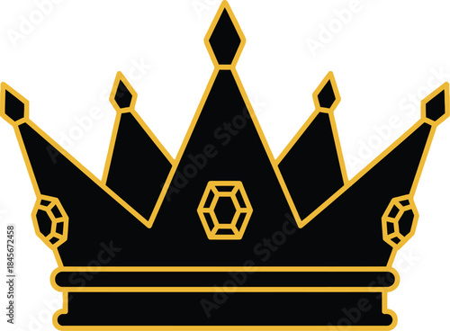 Black solid shape of crown with jeweled points, royalty luxury line art vector in solid golden yellow, premium quality icon design