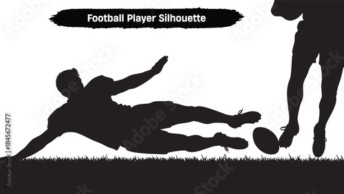Football player silhouette tackling on grass field with other player's legs in background isolated transparent