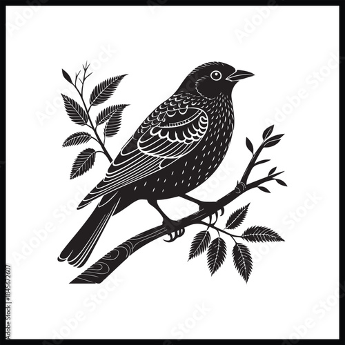 A stylized black vector illustration of a wild crow silhouette with a sharp beak perched on a winter tree branch as a minimalist nature art icon