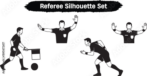 Referee silhouette set isolated transparent background showing various poses with whistle and flag for soccer match
