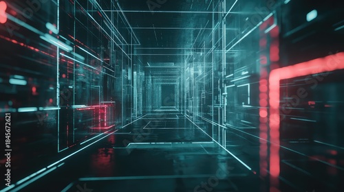 Fototapeta Naklejka Na Ścianę i Meble -  Digital network tunnel displaying intricate glowing lines and abstract data streams, representing concepts of artificial intelligence, connectivity, and virtual reality in a futuristic environment