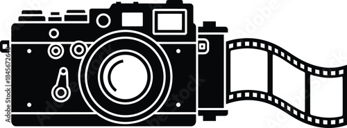 Black outline of vintage camera with film roll spooling out, photography nostalgia solid black fill, minimalist line art vector for creative industry