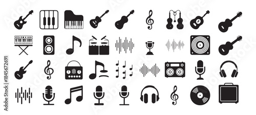 set of black silhouette musical instrument and sound related icons with white background