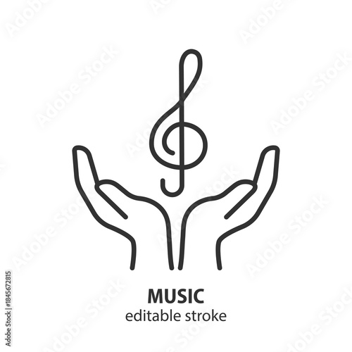 Two hands holding a treble clef line icon. Hands giving gesture with music symbol. Vector illustration. Editable stroke.