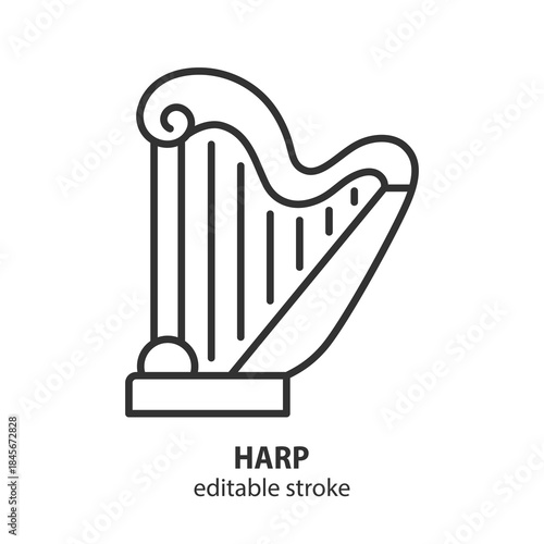 Harp musical instrument outline icon. String instrument for classical music and orchestra. Simple line vector for web. Editable stroke.