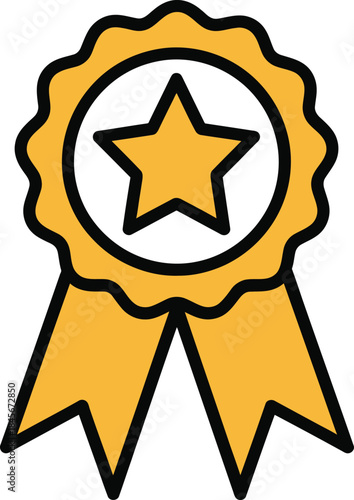 Black outline of award ribbon with star center, achievement recognition line vector in solid gold accents