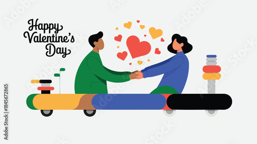 Elongated couple holding hands with hearts floating around on valentine's day