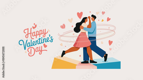 Elongated couple dancing together on colorful blocks surrounded by hearts on valentine's day