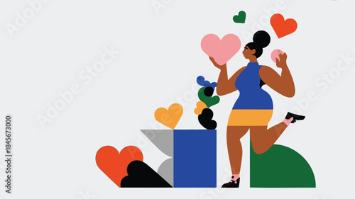 A modern plus size woman in casual wear playfully holds colorful hearts in a lively simple setting