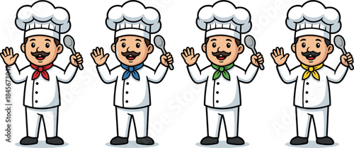 Two cartoon chef characters smiling and waving, professional cooks in white uniform, friendly restaurant mascot illustration isolated on white