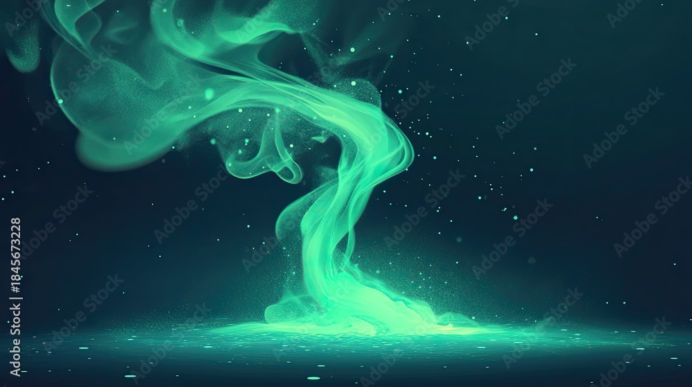 Obraz premium Vibrant green flowing smoke creating an abstract vortex, emitting glowing particles against a dark background, representing energy, science, or magic concepts