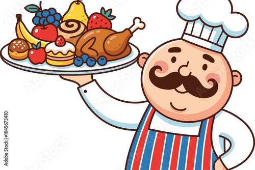 Smiling cartoon chef holding festive food platter illustration, traditional cuisine presentation, cooking character concept isolated on white