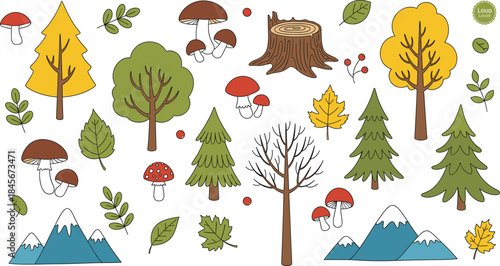 Hand-Drawn Autumn Forest Vector Set with Colorful Trees, Maple Leaves, Mushrooms, Tree Stump, and Snowy Mountains Landscape Elements